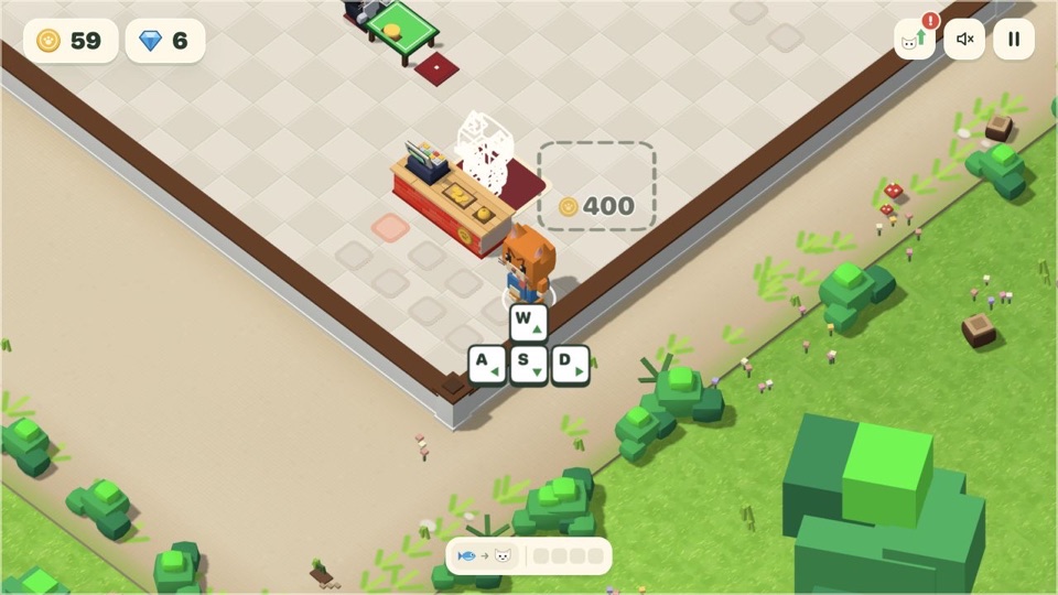 Cat Market: a cat in overalls beside a restaurant counter in a blocky 3D world