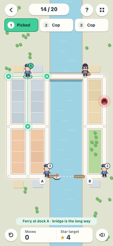 Cornered on a phone: a city map split by a river with a ferry, three cops and a thief
