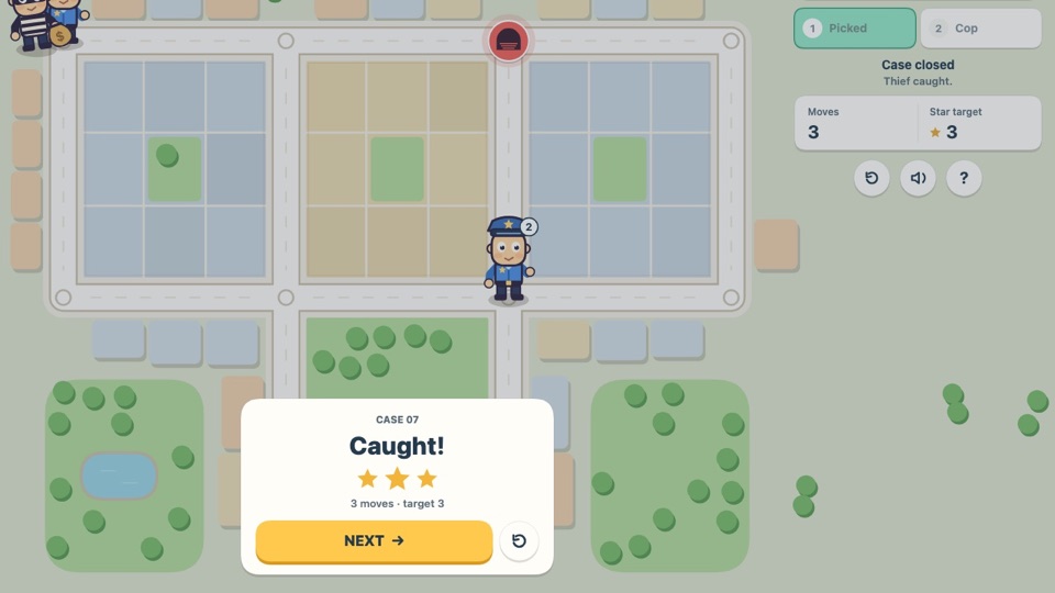 Cornered: a top-down city map with a Caught result card and three stars