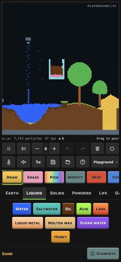 Sandmix on a phone: a falling-sand world above its element palette