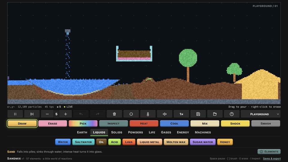 Sandmix: a falling-sand world with water, soil, trees and an element palette