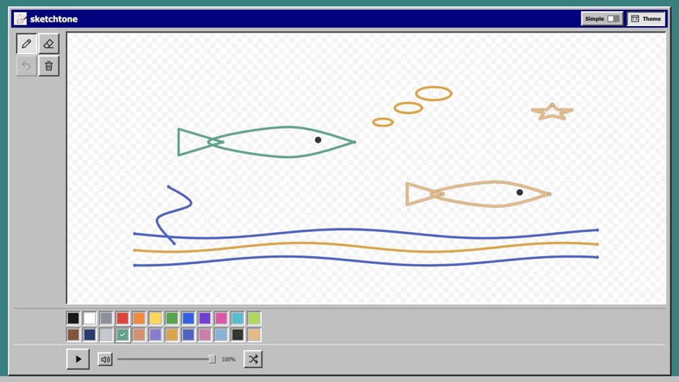 Sketchtone: a drawing of two fish, bubbles and a starfish on a retro paint canvas above a colour palette